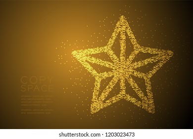 Abstract Geometric Bokeh circle dot pixel pattern Christmas star shape, Happy New Year celebration concept design gold color illustration isolated on brown gradient background with copy space, vector