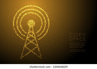 Abstract Geometric Bokeh circle dot pixel pattern Antenna tower shape, Broadcast telecommunication concept design gold color illustration isolated on brown gradient background with copy space, vector
