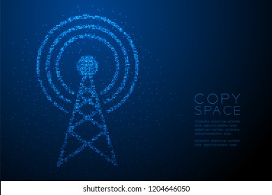 Abstract Geometric Bokeh circle dot pixel pattern Antenna tower shape, Broadcast telecommunication concept design blue color illustration isolated on blue gradient background with copy space, vector