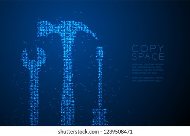 Abstract Geometric Bokeh circle dot pixel pattern Wrench screwdriver and hammer shape, Mechanic concept design blue color illustration isolated on blue gradient background with copy space, vector