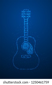Abstract Geometric Bokeh circle dot pixel pattern Acoustic Guitar shape, music instrument concept design blue color illustration isolated on blue gradient background with copy space, vector