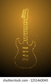 Abstract Geometric Bokeh circle dot pixel pattern Electric Guitar shape, music instrument concept design gold color illustration isolated on brown gradient background with copy space, vector eps 10