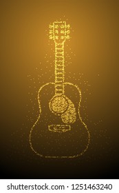 Abstract Geometric Bokeh circle dot pixel pattern Acoustic Guitar shape, music instrument concept design gold color illustration isolated on brown gradient background with copy space, vector eps 10