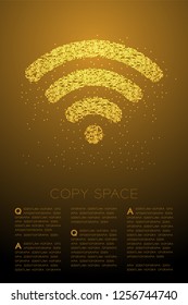 Abstract Geometric Bokeh circle dot pixel pattern Wifi symbol, Internet connect concept design gold color illustration isolated on brown gradient background with copy space, vector eps 10