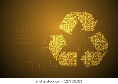 Abstract Geometric Bokeh circle dot pixel pattern Recycle sign, environment conservation concept design gold color illustration isolated on brown gradient background with copy space, vector eps 10