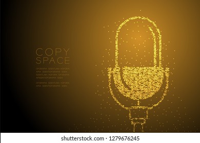 Abstract Geometric Bokeh circle dot pixel pattern Retro Microphone, Music equipment concept design gold color illustration isolated on brown gradient background with copy space, vector eps 10