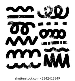 Abstract geometric bold doodle shapes drawn with grungy texture. Wavy bold lines, zigzag, circles, loops and dots. Various doodle shapes with natural scratches. Vector trendy illustration