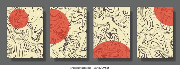 Abstract Geometric Book Covers with Marbled Texture and Red Circles, abstract fluid poster