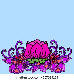 Abstract geometric border of leaves and flowers on a blue background