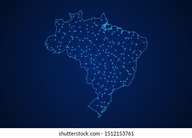 Abstract geometric of Brazil map polygonal line, structure and point scales on blue dark background with lights and dots. Vector illustration eps 10.