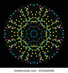 Abstract Geometric Bright Kaleidoscope Pattern. Circle Symmetric Design. Round Flower Ornament