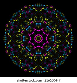 Abstract Geometric Bright Kaleidoscope Pattern. Circle Symmetric Design. Round Flower Ornament