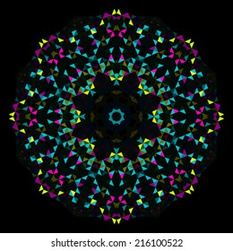 Abstract Geometric Bright Kaleidoscope Pattern. Circle Symmetric Design. Round Flower Ornament