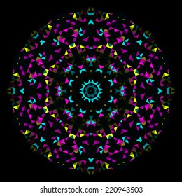 Abstract Geometric Bright Kaleidoscope Pattern. Circle Symmetric Design. Round Flower Ornament