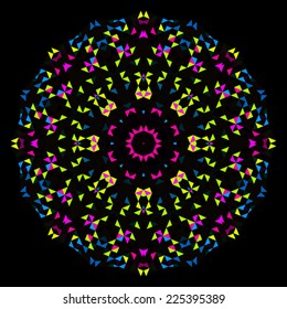 Abstract Geometric Bright Kaleidoscope Pattern. Circle Symmetric Design. Round Flower Ornament