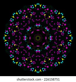 Abstract Geometric Bright Kaleidoscope Pattern. Circle Symmetric Design. Round Flower Ornament