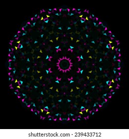 Abstract Geometric Bright Kaleidoscope Pattern. Circle Symmetric Design. Round Flower Ornament