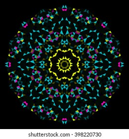 Abstract Geometric Bright Kaleidoscope Pattern. Circle Symmetric Design. Round Flower Ornament
