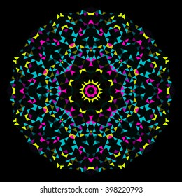 Abstract Geometric Bright Kaleidoscope Pattern. Circle Symmetric Design. Round Flower Ornament