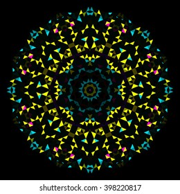 Abstract Geometric Bright Kaleidoscope Pattern. Circle Symmetric Design. Round Flower Ornament