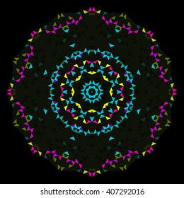 Abstract Geometric Bright Kaleidoscope Pattern. Circle Symmetric Design. Round Flower Ornament