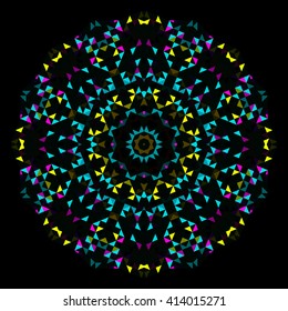 Abstract Geometric Bright Kaleidoscope Pattern. Circle Symmetric Design. Round Flower Ornament
