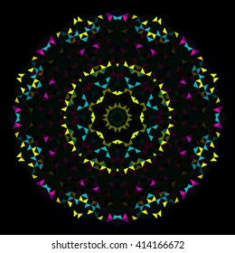 Abstract Geometric Bright Kaleidoscope Pattern. Circle Symmetric Design. Round Flower Ornament