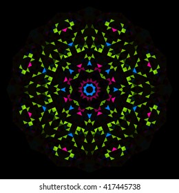 Abstract Geometric Bright Kaleidoscope Pattern. Circle Symmetric Design. Round Flower Ornament