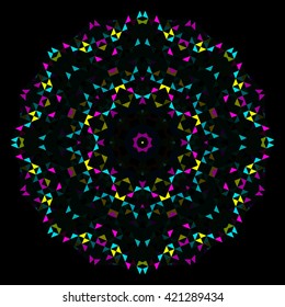 Abstract Geometric Bright Kaleidoscope Pattern. Circle Symmetric Design. Round Flower Ornament