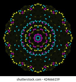Abstract Geometric Bright Kaleidoscope Pattern. Circle Symmetric Design. Round Flower Ornament