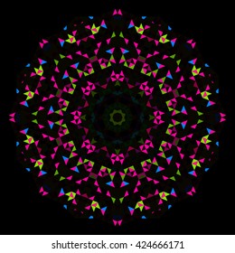 Abstract Geometric Bright Kaleidoscope Pattern. Circle Symmetric Design. Round Flower Ornament