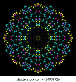 Abstract Geometric Bright Kaleidoscope Pattern. Circle Symmetric Design. Round Flower Ornament
