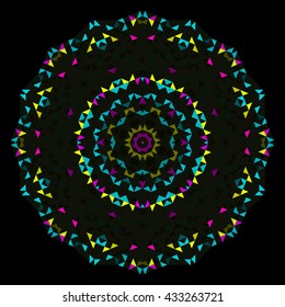 Abstract Geometric Bright Kaleidoscope Pattern. Circle Symmetric Design. Round Flower Ornament