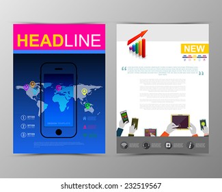 Abstract geometric brochure template. Map. Flyer Layout. Flat Style. Infographic Elements. Minimalistic multifunctional media backdrop. Blurred. Icons.  Vector illustration. 