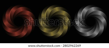 Abstract geometric bronze, gold, and silver spiral torus shapes on a black background. Modern futuristic metallic wireframe vortex wheel design elements vector illustration.