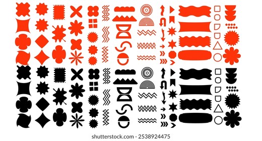 abstract geometric Brutalist set multicolored shapes and grids.Brutal contemporary figure star oval spiral flower and other primitive elements. Swiss design aesthetic. Bauhaus memphis design.