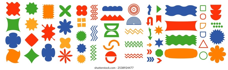 abstract geometric Brutalist set multicolored shapes and grids.Brutal contemporary figure star oval spiral flower and other primitive elements. Swiss design aesthetic. Bauhaus memphis design.