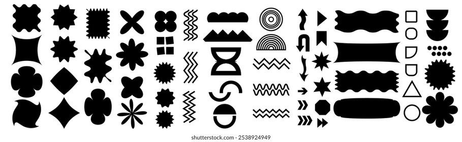 abstract geometric Brutalist set multicolored shapes and grids.Brutal contemporary figure star oval spiral flower and other primitive elements. Swiss design aesthetic. Bauhaus memphis design.