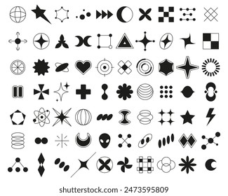 Abstract geometric brutalist y2k graphic elements for typography and design. Vector isolated set of flat geometry forms silhouettes. Circles and spirals, stars and triangles, cross and heart