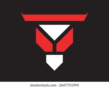 Abstract Geometric Bull Head Illustration with Red and White on Black Background