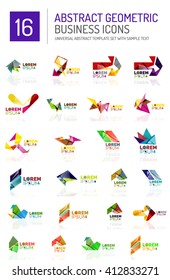 Abstract geometric business logo icon set. Colorful geometrical figure compositions with light effects - triangles circles rings arrows lines