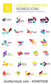 Abstract geometric business logo icon set. Colorful geometrical figure compositions with light effects - triangles circles rings arrows lines