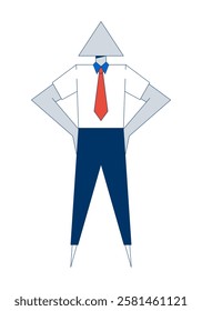 Abstract geometric businessman with triangular head 2D cartoon character. Individual professional. Businessperson figure isolated personage flat vector on white background. Spot illustration colorful