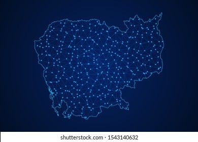 Abstract geometric of Cambodia map polygonal line, structure and point scales on blue dark background with lights and dots. Vector illustration eps 10.