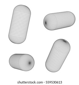 Abstract geometric capsule. 3D polygonal wireframe with connected lines and dots.