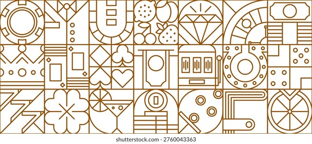 Abstract geometric casino pattern. Modern vector seamless pattern with classic casino symbols. Cards, dice, money, crown, cocktail, wallet, clover, chips, and suits for gaming backgrounds