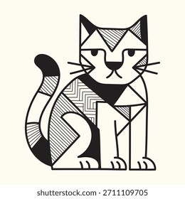Ilustración geométrica Abstractas del gato con patrones en blanco y negro audaces: ideal para el arte moderno de la pared y rompecabezas visuales educativos para niños