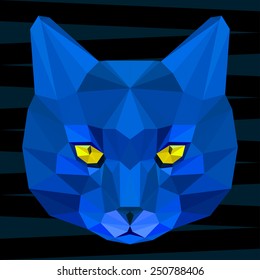 Abstract geometric cat portrait. Graphic polygonal cat. Cat isolated on black painted in imaginary deep blue colors for use in design card, invitation, poster, book. Nature, animal and wildlife theme.