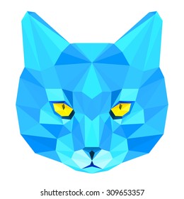 Abstract geometric cat portrait. Graphic polygonal cat. Cat isolated on white painted in imaginary ice blue colors for use in design card, invitation, poster, book. Nature, animal and wildlife theme. 