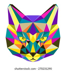 Abstract geometric cat portrait. Cat isolated on white cover painted in imaginary motley colors for use in design card, invitation, poster, book. Nature, animal, wildlife theme.